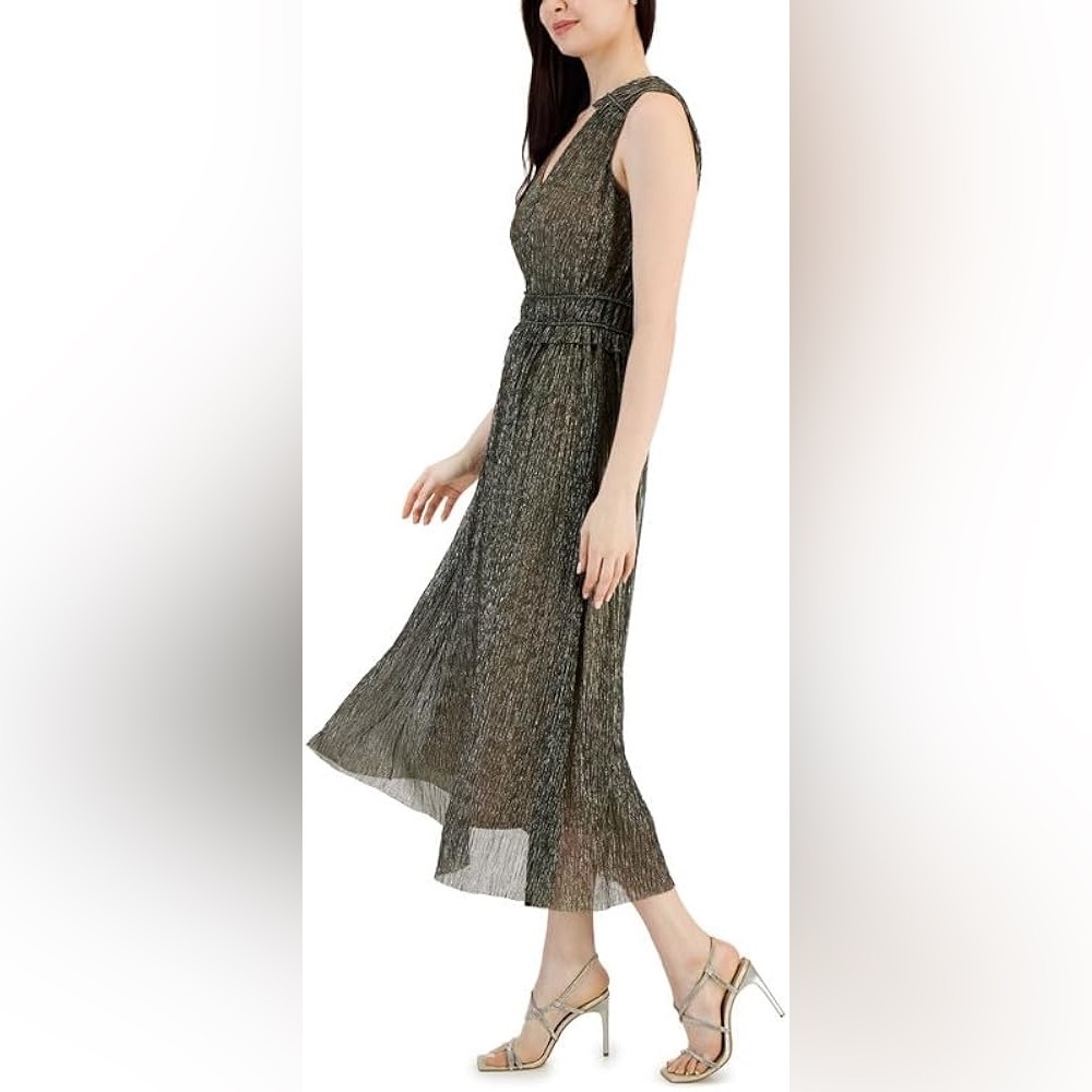 Taylor Women's Metallic V-Neck Fit & Flare Midi Dress Black & Silver Size 2 NWT
